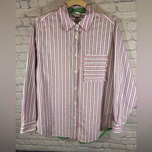 FRNCH Paris Pink Green White Stripe Preppy Chic Classic Button Up Shirt M